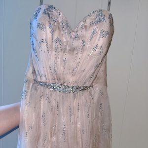 Sheer pink, Terani Coture homecoming dress, short skirt, some staining